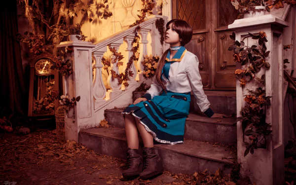 A 4K Ultra HD wallpaper featuring a woman in detailed Elizabeth cosplay from Bioshock Infinite, seated on steps surrounded by autumnal foliage and warm lighting.