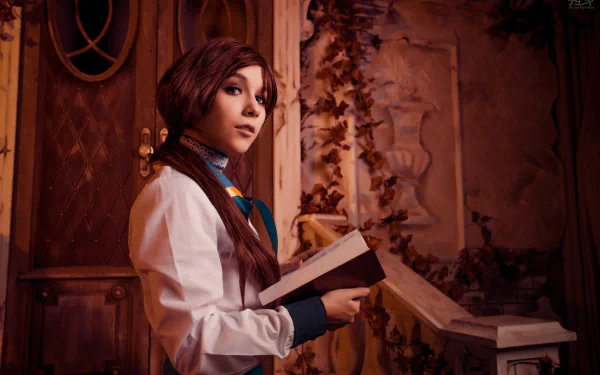 Woman cosplayer as Elizabeth (Bioshock Infinite) holding a book on an ornate, dimly lit balcony; warm cinematic tones. 5K Ultra HD PC desktop wallpaper/background.