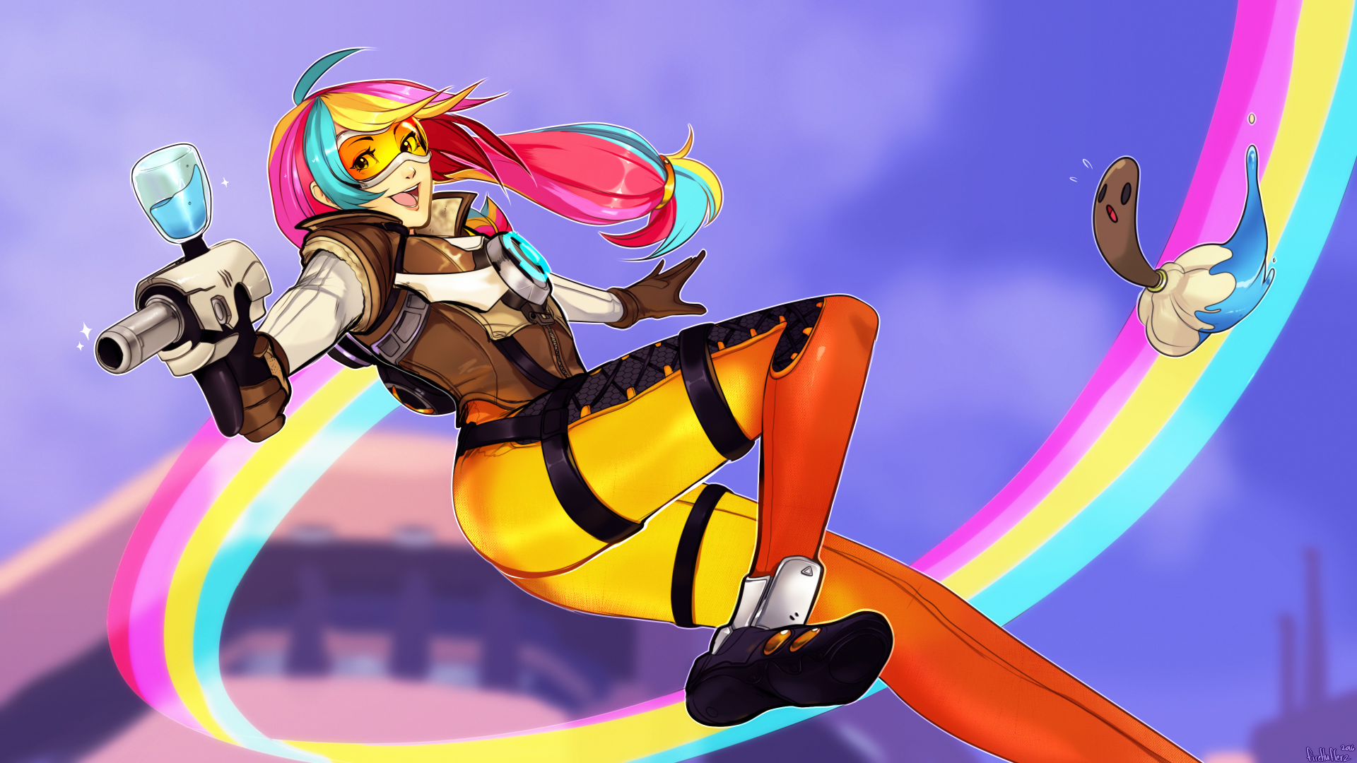 Tracer from Overwatch is depicted in a dynamic pose, showcasing her vibrant colors and playful energy. This 4K Ultra HD wallpaper captures the essence of the popular video game.