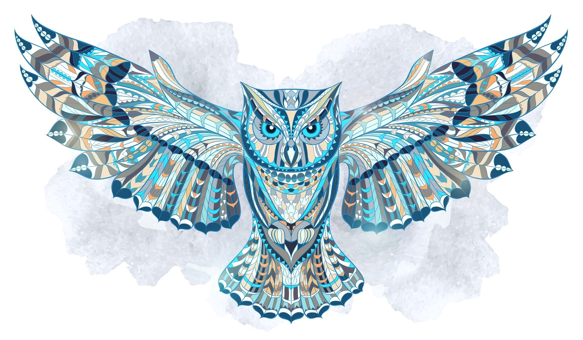Artistic HD desktop wallpaper featuring a detailed, stylized owl with outstretched wings in intricate patterns and cool blue tones.