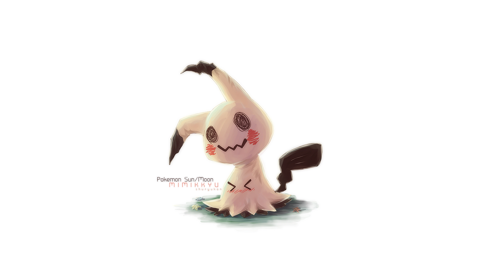 HD PC desktop wallpaper featuring Mimikkyu from the Pokémon anime, showcasing its iconic ghostly, Pikachu-inspired design on a clean white background.