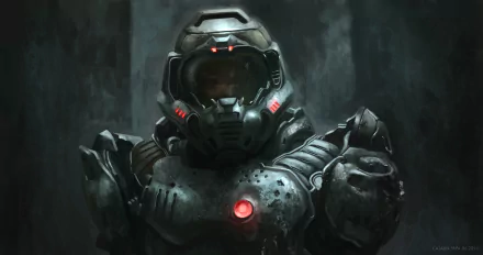 An intense depiction of Doomguy from the video game Doom (2016), showcasing intricate armor details in a dark, atmospheric setting, presented as a stunning 4K Ultra HD wallpaper.