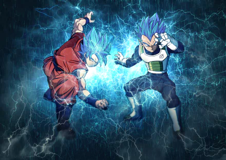 HD desktop wallpaper featuring Super Saiyan Blue Goku and Vegeta from Dragon Ball Super, surrounded by blue lightning energy as they prepare for combat.