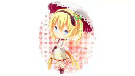 Chibi-style Edna from Tales of Zestiria the X holding a parasol, set against a soft pink heart-patterned background, designed as an HD PC desktop wallpaper.