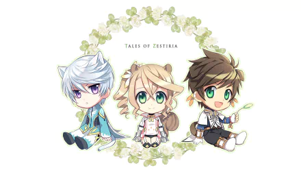 Chibi versions of Mikleo, Alisha Diphda, and Sorey from *Tales of Zestiria the X* are arranged in a circular floral design, creating a charming HD desktop wallpaper.