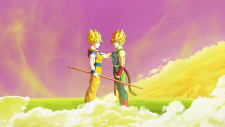 HD desktop wallpaper featuring Bardock and Goku in Super Saiyan forms from Dragon Ball Z, standing on clouds with a vibrant sky in the background.