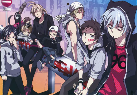 HD wallpaper featuring characters from the anime Servamp in casual attire, some leaning on a metal bar with graffiti, set against an urban backdrop.