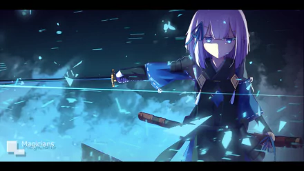HD desktop wallpaper and background featuring an original anime girl with purple hair, holding a glowing sword and standing amidst a mystical, blue-lit scene.