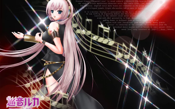 HD anime desktop wallpaper featuring Luka Megurine from Vocaloid, with flowing pink hair, musical notes, and dynamic light effects in a dark, vibrant background.