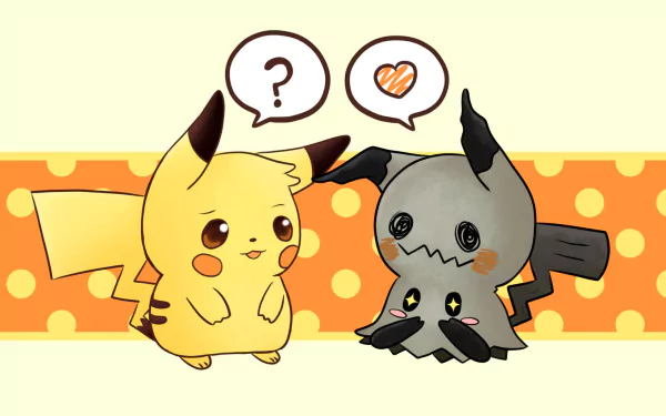 HD desktop wallpaper from Pokémon: Sun and Moon featuring Pikachu and Mimikkyu in a cheerful interaction, with speech bubbles expressing confusion and affection.