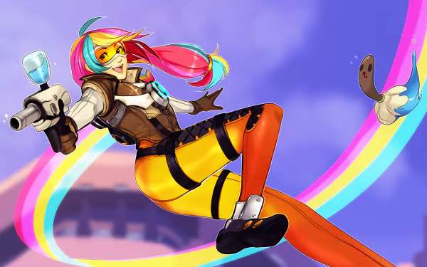 Tracer from Overwatch is depicted in a dynamic pose, showcasing her vibrant colors and playful energy. This 4K Ultra HD wallpaper captures the essence of the popular video game.
