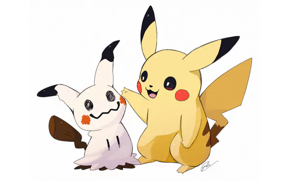 HD anime-style PC wallpaper featuring Pokémon characters Pikachu and Mimikkyu side by side on a white background.