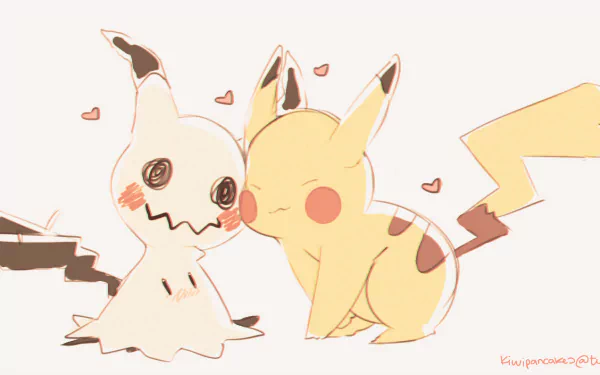 HD anime-style PC wallpaper featuring the Pokémon characters Mimikkyu and Pikachu sharing a sweet moment surrounded by small hearts.