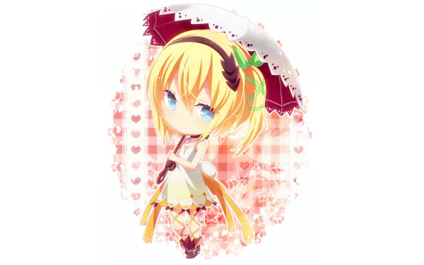 Chibi-style Edna from Tales of Zestiria the X holding a parasol, set against a soft pink heart-patterned background, designed as an HD PC desktop wallpaper.