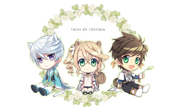 Chibi versions of Mikleo, Alisha Diphda, and Sorey from *Tales of Zestiria the X* are arranged in a circular floral design, creating a charming HD desktop wallpaper.