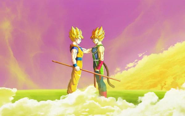 HD desktop wallpaper featuring Bardock and Goku in Super Saiyan forms from Dragon Ball Z, standing on clouds with a vibrant sky in the background.