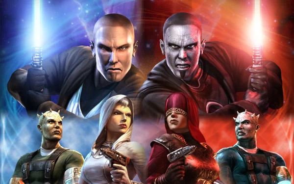 Dynamic HD wallpaper inspired by Star Wars: Knights of the Old Republic II, featuring iconic characters wielding lightsabers against a vibrant, cosmic backdrop.