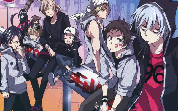 HD wallpaper featuring characters from the anime Servamp in casual attire, some leaning on a metal bar with graffiti, set against an urban backdrop.