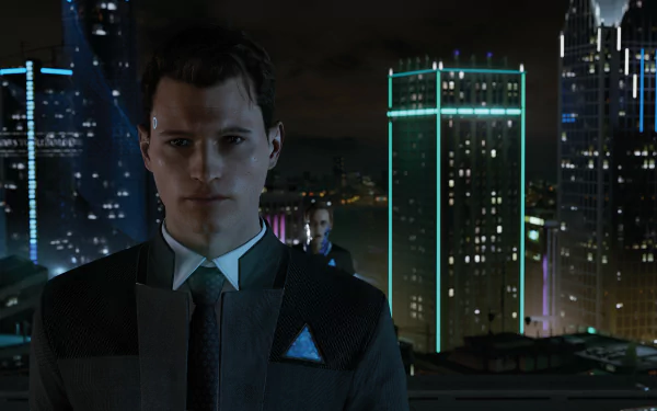 Connor from Detroit: Become Human stands against a futuristic city skyline at night in this 8K Ultra HD PC desktop wallpaper from the video game Detroit: Become Human.