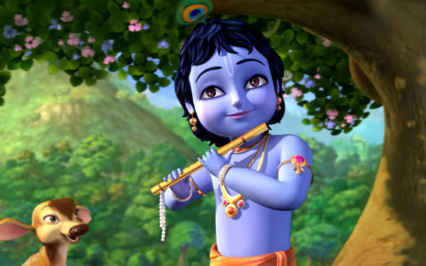 HD desktop wallpaper from the TV show Little Krishna, featuring Krishna playing the flute under a tree with a deer in the background.