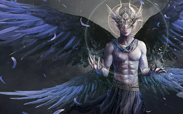 A majestic figure with large, vibrant wings exudes a fantasy aura, adorned with intricate details and surrounded by swirling feathers. This HD wallpaper captures an angelic essence.