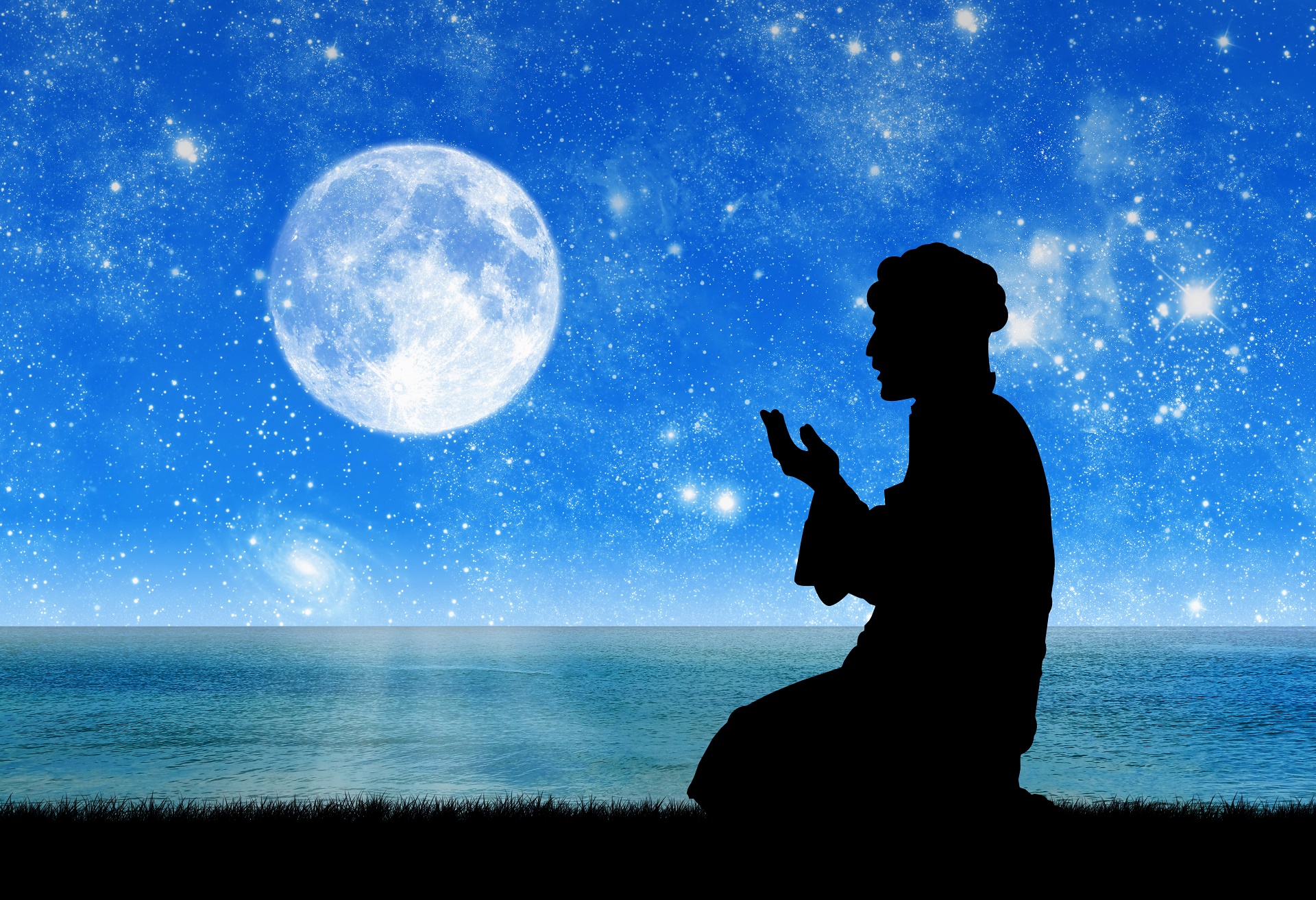 Man saying his prayer in beautiful view of moon HD Wallpaper