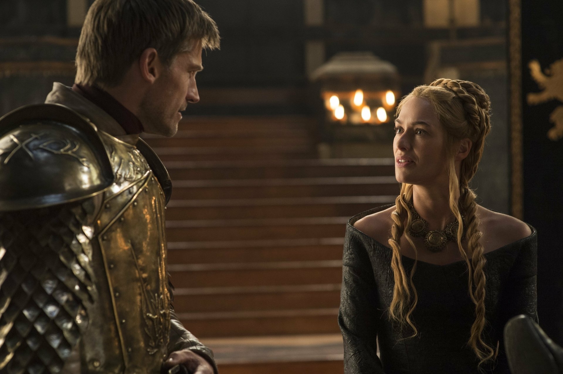 Lena Headey as Cersei Lannister and Nikolaj Coster-Waldau as Jaime Lannister in a scene from the Game of Thrones TV show, presented in 4K Ultra HD quality.