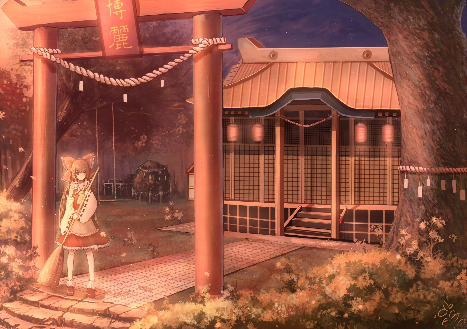 HD anime desktop wallpaper featuring Reimu Hakurei from Touhou standing near a traditional shrine gate at dusk, surrounded by warm, atmospheric lighting.