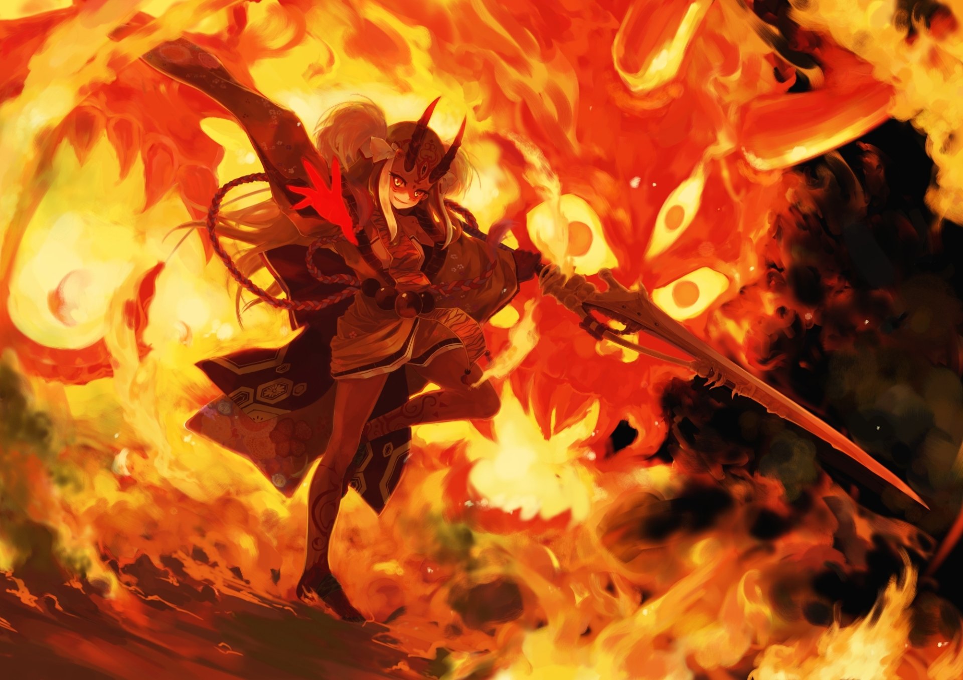 A dynamic HD wallpaper featuring Ibaraki Douji from Fate/Grand Order, poised triumphantly with a weapon amidst a fiery, dramatic backdrop.