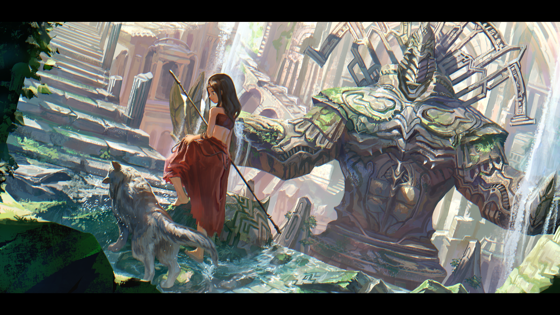 A young woman stands beside a wolf in a lush, ancient landscape, gazing up at a colossal, intricately designed guardian statue. This scenic anime artwork serves as a vibrant HD desktop wallpaper.