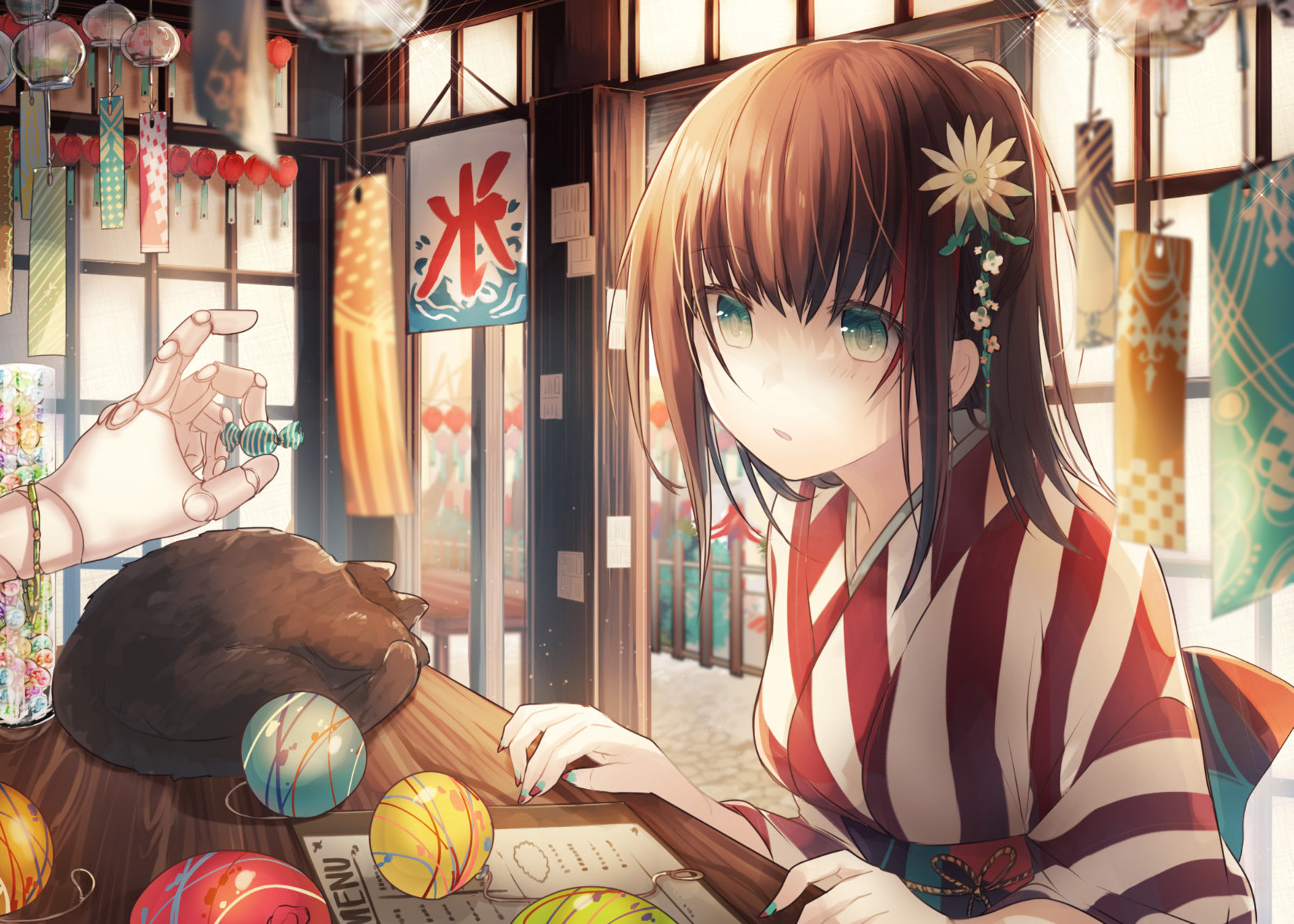 An anime-style HD wallpaper featuring a girl in a striped kimono, seated at a table with a cat and colorful marbles, set in a vibrant, traditional Japanese environment.