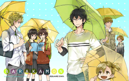 A vibrant HD wallpaper featuring characters from Barakamon, including Seishuu Handa and Naru Kotoishi, all holding yellow umbrellas against a light blue backdrop.