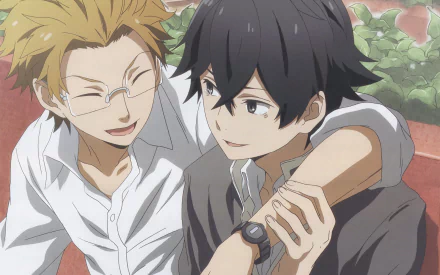 Anime HD PC desktop wallpaper/background from Handa-Kun: blond, glasses-wearing teen laughs with his arm around a dark-haired teen against a leafy outdoor backdrop.