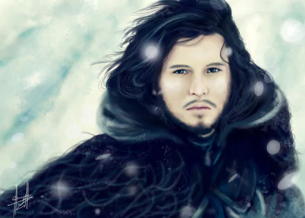 2K Quad HD PC desktop wallpaper of Jon Snow from the TV show Game of Thrones / A Song of Ice and Fire, hooded in a fur cloak as snow drifts across a soft wintry background.