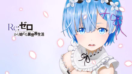 HD desktop wallpaper featuring Rem from Re:ZERO - Starting Life in Another World, showcasing her signature blue hair and a serene expression surrounded by cherry blossom petals.