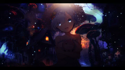 HD desktop wallpaper featuring Rem from Re:ZERO - Starting Life in Another World. Rem, with blue hair and eyes, stands in a mystical, colorful background with a dark, enchanting atmosphere.
