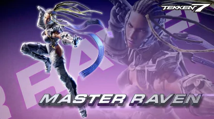 HD PC desktop wallpaper featuring Master Raven from the video game Tekken 7, showcasing dynamic action and vibrant purple tones.