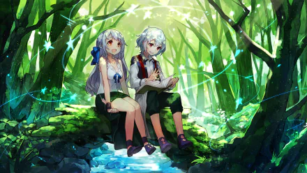 Anime scene from Saikyou Juzoku Tensei ~Cheat Majutsushi no Slow Life -, featuring two characters sitting on a lush, mossy bank by a stream, surrounded by vibrant greenery. HD wallpaper.