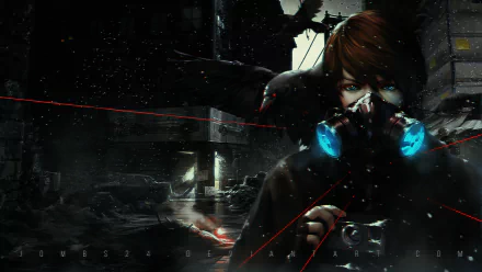 A striking HD anime wallpaper featuring a protagonist in a dark, futuristic setting, adorned with a mask and glowing blue accents, set against a backdrop of chaos and tension.