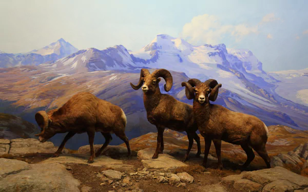 Animal scene — HD PC desktop wallpaper of three bighorn sheep on a rocky alpine ledge with snow-capped mountains in the background.