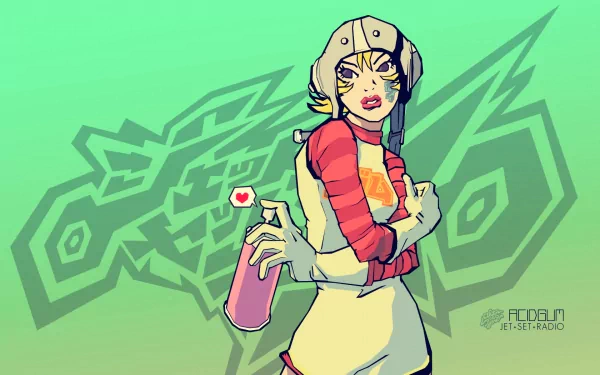 HD PC desktop wallpaper of Jet Set Radio Future: stylized skater girl in a helmet holding a pink spray can against a green graffiti logo background.