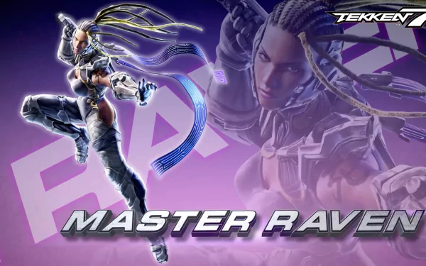 HD PC desktop wallpaper featuring Master Raven from the video game Tekken 7, showcasing dynamic action and vibrant purple tones.