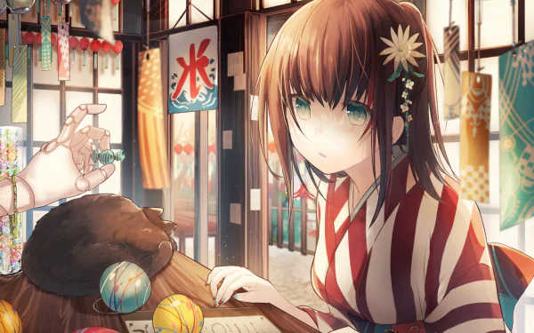 An anime-style HD wallpaper featuring a girl in a striped kimono, seated at a table with a cat and colorful marbles, set in a vibrant, traditional Japanese environment.