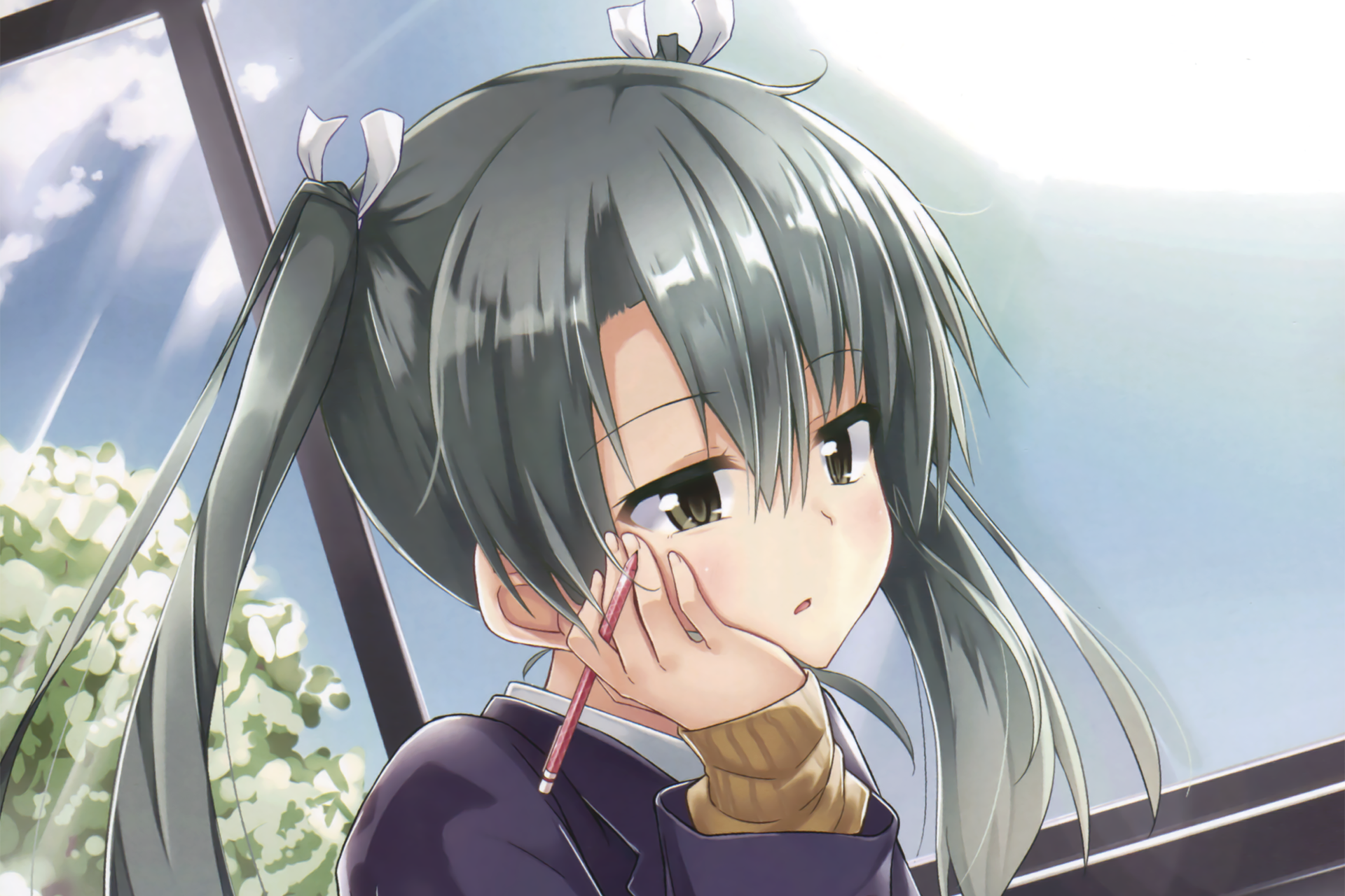 Anime-style HD desktop wallpaper featuring Zuikaku from Kantai Collection, showcasing her in a contemplative pose with soft lighting and detailed background.