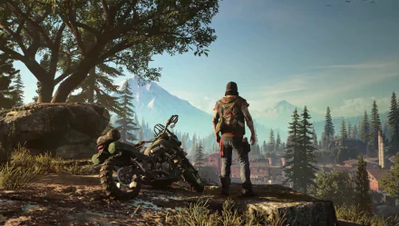 HD desktop wallpaper featuring Deacon St. John from the video game Days Gone, standing next to his motorcycle overlooking a scenic, mountainous landscape.