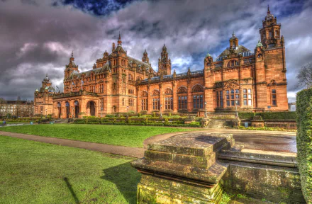 HDR image of a grand palace in Glasgow, United Kingdom, showcasing detailed architecture against a dramatic sky, captured as an HD PC desktop wallpaper background.