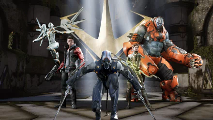 HD PC desktop wallpaper of Paragon video game heroes under a shaft of light: five characters — a crouched armored assassin, gunner, flying support, glowing tech mage, and a hulking orange mech.