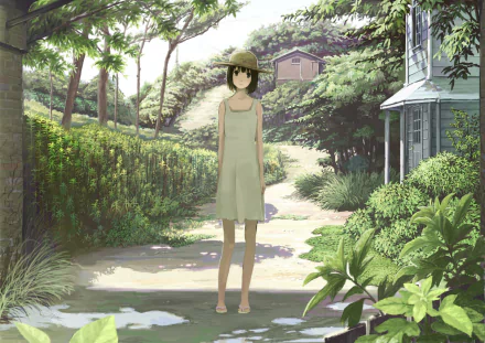 HD anime original desktop wallpaper featuring a girl in a light dress and hat standing on a sunlit, tree-lined path near a rustic house surrounded by lush greenery.