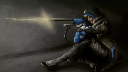 Ana from Overwatch is depicted in a striking HD PC desktop wallpaper, poised with her rifle, blending stealth and readiness in a dramatic shadowy environment.