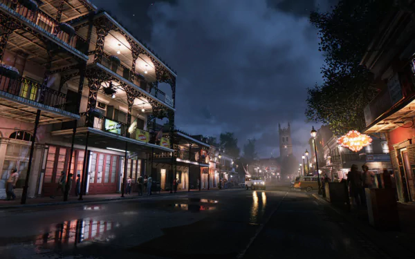HD PC desktop wallpaper featuring a nighttime street scene from the video game Mafia III with detailed buildings and moody, atmospheric lighting.